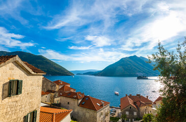 Panorama from the city of Perast, rich amazing landscape, nature mountains and adriatic sea in...
