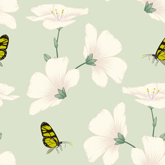 Seamless Floral Light Flax Flowers with Green Leaves and Cute Butterfly for Textile and Fabric Patterns