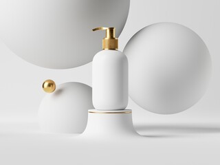 3d render, cosmetic bottle with pump dispenser golden cap, isolated on white background, bubbles float, balls levitate. Minimal blank package mockup: skin care product, sanitizer or cream soap