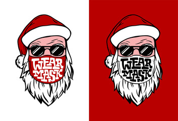 Postcard with hand drawn Santa in medical mask. Lettering WEAR MASK in white and red. Vector template for banner, poster, advertising, door sign. Illustration for Christmas and New Year holiday.
