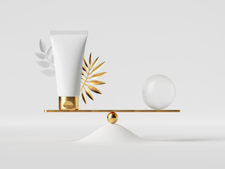 3d rendering, white cream tube bottle with golden cap, palm leaf and clear bubble on the scales, isolated on white background. Anti aging product, balancing concept. Blank cosmetic package mockup.