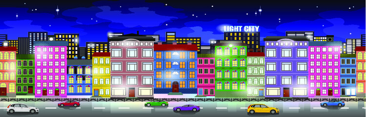 Colorful background designed of urban motifs, light effects on. Architecture stylized objects are on deep blue background
