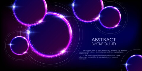 Glowing neon purple and blue circles abstract background. Round lines with electric light frames. Geometric fashion design vector illustration. Empty minimal rings decoration