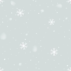 Fototapeta na wymiar Winter snow flakes christmas seamless background. Falling white glowing snow from sky. Snowflakes decoration vector illustration. Holiday, happy new year, xmas card design