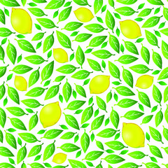Seamless pattern: lemon and lemon tree leaves