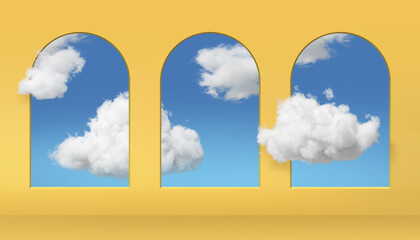 3d rendering, abstract background with blue sky inside the arch windows on the yellow wall. White clouds fly inside the room.