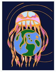Giant jellyfish and a planet in vintage style. - 377744714