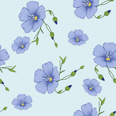 Seamless Floral Purple Flax Flowers with Green Leaves and Blue Buds for Textile and Fabric Patterns