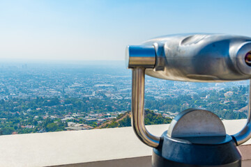 City landscape view downtown Los Angeles California with commercial and residential buildings and...