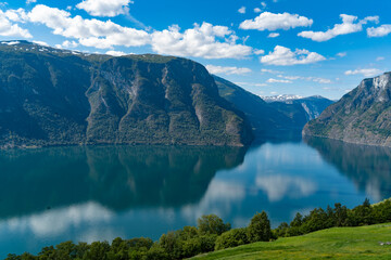 Breathtaking views of the Aurlandsfjord (a branch off the Sognefjorden) from the Stegastein viewpoint on Sogn og Fjordane County Road 243, Vestland, Norway.