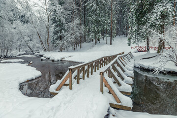 Wooden bridge over the river in the winter snowy forest, beautiful landscape.