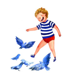 A little boy with birds flying away. Cute boy playing with birds. Children style watercolor illustration. Isolated elements on white background.