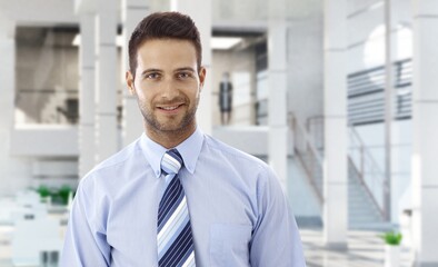 Portrait of handsome businessman in modern office, smiling.