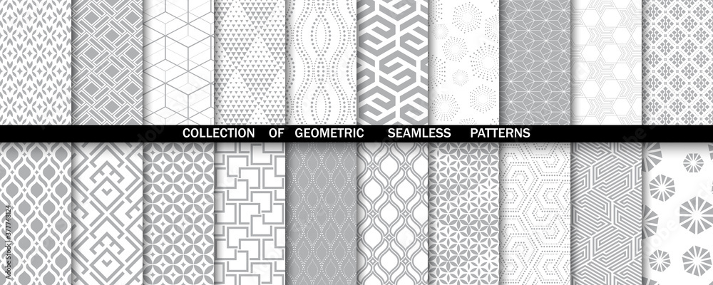 Poster Geometric set of seamless gray and white patterns. Simple vector graphics.
