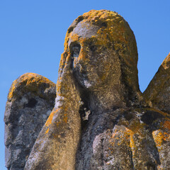 Close up very ancient stone statue of beautiful angel in moss.