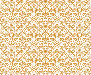 Floral pattern. Vintage wallpaper in the Baroque style. Seamless vector background. White and gold ornament for fabric, wallpaper, packaging. Ornate Damask flower ornament