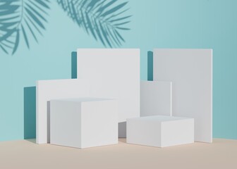 Abstract background of empty podium display for products and cosmetic presentation and mock up. white box pedestal or showcase with shadow of palm leaves and blue wall. Summer time. 3d rendering