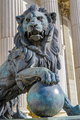Parliament facade columns and lion in Madrid, Spain. Congreso diputados