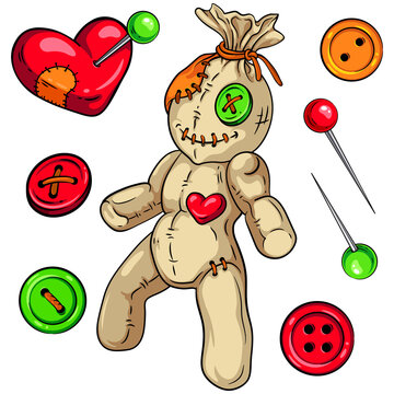 Big set of voodoo doll, heart shaped pincushion, additional pins and buttons. Vector illustrations for your Halloween, horror party and other creepy designs, party invitations, cards, posters, etc.