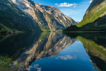 Fototapeta na wymiar Stunning views of the Naeroyfjord, listed as a UNESCO World Heritage Site in the Aurland Municipality in Vestland county, Norway.