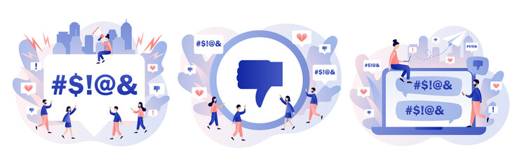 Haters online. Cyberbullying, bullying internet, trolling and hate speech. Tiny people put dislikes and write negative comments. Modern flat cartoon style. Vector illustration on white background