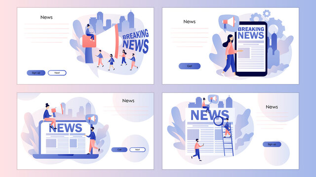 Breaking news. Tiny people read news online using smartphone  laptop or newspaper. Screen template for mobile smart phone, landing page, template, ui, web, mobile app, poster, banner, flyer. Vector 