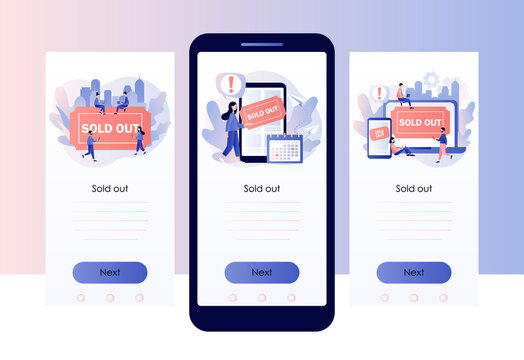 Sold-out event, sold-out crowd, no tickets available concept. Online booking system. Screen template for mobile smart phone. Modern flat cartoon style. Vector illustration on white background