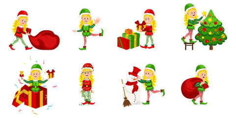 Set of cute playful Christmas girls elves. Girl elves with green costume holding gifts and playingCollection of cute Santa Claus helpers. 