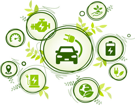 e-car / electric car vector illustration. Concept with connected icons related to e-mobility, alternative fuel, hybrid vehicle, electro mobility or battery powered cars.
