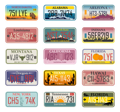 Car numbers of vehicle registration in USA states (abstract numbers). Car plates. Vehicle license numbers of different American states and countries, truck registration numbers.