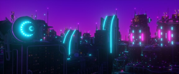 Purple neon night in a cyberpunk city. Futuristic cityscape. City of a future with bright neon lights. Grunge urban wallpaper. 3D illustration.