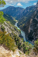 Gorges Du Verdon with its river flowing inside the canyon, commune of Les Salles-sur-Verdon, Provence-Alpes-Côte d'Azur region, Alpes de Haute Provence, France