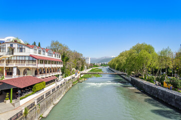 Fototapeta premium The Sochi River flows through the city of Sochi. Sochi is a resort town on the Black Sea coast.
