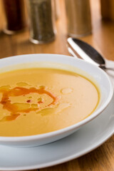 Red lentil soup. Traditional middle eastern, turkish , ramadan cuisine. Vegan food . Top view