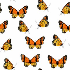 Seamless pattern with flying multicolored butterflies on a white background.