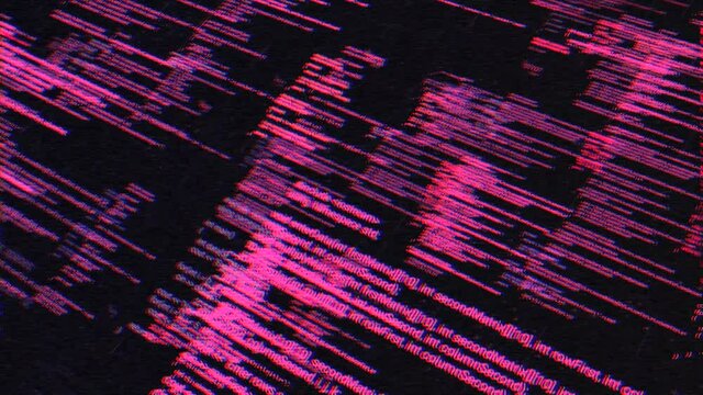 Old abstract vhs monitor or hacker display with blurred effect. Animation. Running pink colored lines being programmed by artificial intelligence, seamless loop.