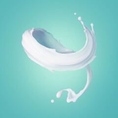 3d render, spiral milk splash clip art isolated on turquoise blue background, milkshake drink, splashing white liquid paint