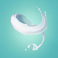 Fotobehang 3d render, spiral milk splash clip art isolated on turquoise blue background, milkshake drink, splashing white liquid paint © wacomka