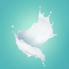 Rolgordijnen 3d render, milk splash clip art isolated on turquoise blue background, milkshake drink, splashing white liquid paint © wacomka