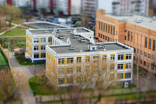 Aerial View On School Building In Moscow. Tilt Shift Effect Photography. Back To School.