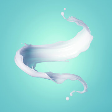 3d Render, Wavy Milk Splash Clip Art Isolated On Turquoise Blue Background, Milkshake Drink, Splashing White Liquid Paint