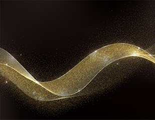 Abstract Gold Waves Design. Shiny golden moving lines design element with glitter effect on dark background for Business or Gretting card. Vector Illustration