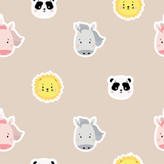 Seamless patterns. Childrens collection. Cute animal stickers - panda and horse, lion and pink unicorn on a gentle lilac background. For design, textiles, packaging and wallpaper. Vector 