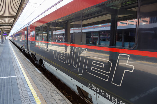 &Ouml;BB RailJet Logo train Innsbruck main railway station Austria &Ouml;sterreichische Bundesbahnen