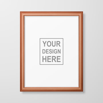 Vector 3d Realistic A4 Decorative Brown Wooden Simple Modern Frame for Presentation on a White Wall Background. Design Template for Mockup, Front View