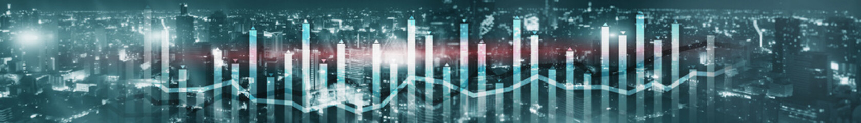 Fototapeta premium Finance Chart Overlaid on modern City. Panoramic Banner Concept.