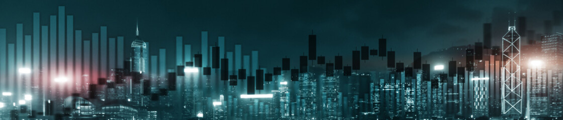 Plakat Website header and banner of Hong Kong cityscape with skyscarapers. Trading and stock markets.