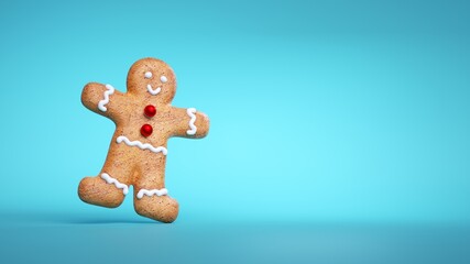 3d render, gingerbread man cookie. Baked biscuit decorated with icing. Traditional Christmas food clip art isolated on blue background