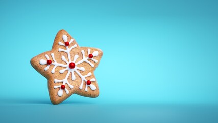 3d render, star shaped gingerbread cookie. Baked biscuit decorated with icing. Traditional Christmas food clip art isolated on blue background - Powered by Adobe