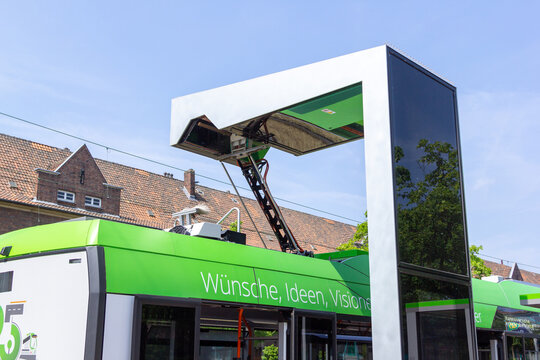 HANNOVER / GERMANY - MAY 13, 2018: Base station from a green electric bus